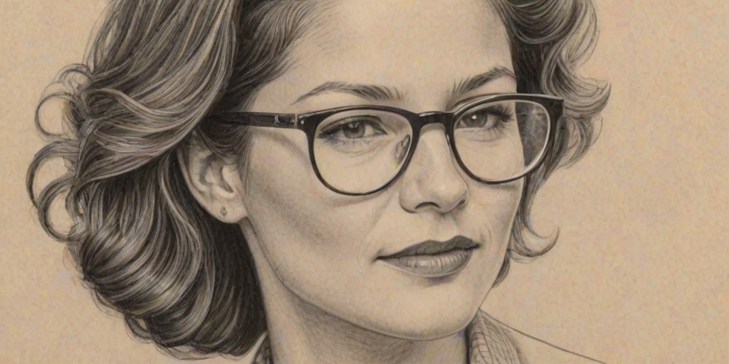 Pleasing Jill Hennessy, pencil sketch, portrait of Charming woman 1937s in glasses, hair style beatnik, outline, clear lines, fine lines, 8k