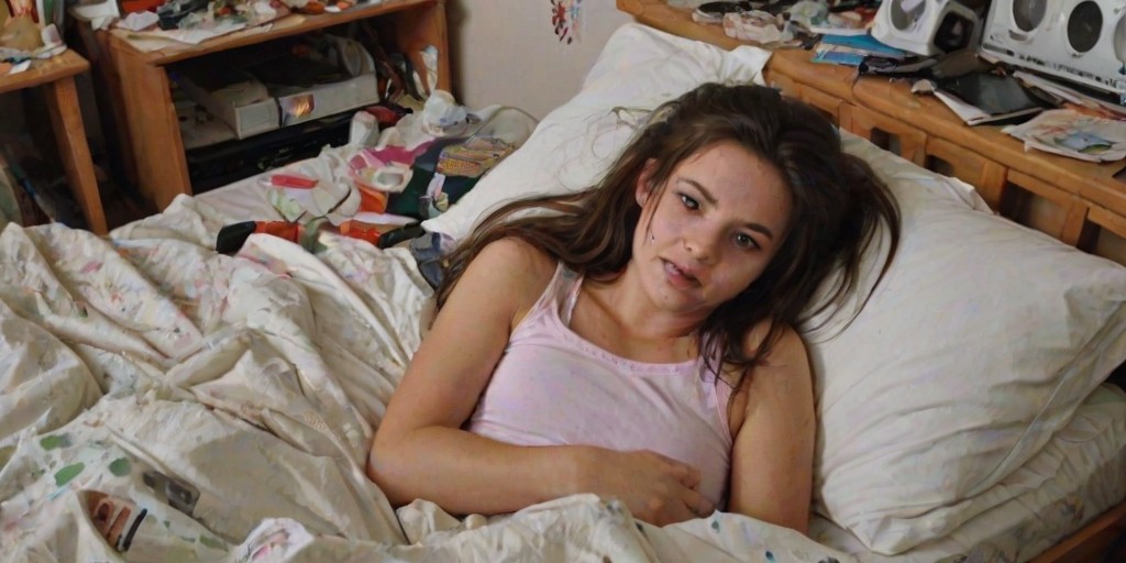 messy, indoors, 1girl, bedroom, bed, lying, messy room,