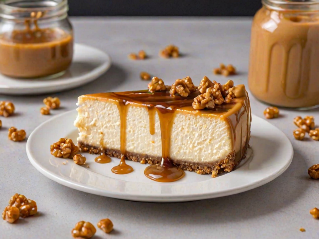 Generate an image of a slice of cheesecake with a creamy filling, caramel sauce drizzling down the sides, and topped with crunchy toffee bits, served on a decorative white plate with a jar of caramel sauce in the background.
