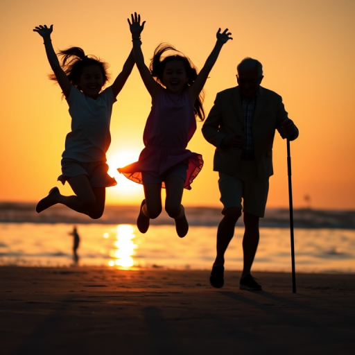sunset silhouette of two joyful jumping girls and a thoughtful older man with a cane at the beach, shot with a DSLR camera in portrait mode, aperture f/2.8, ISO 200, 50mm lens, fast shutter speed for motion capture, golden hour lighting