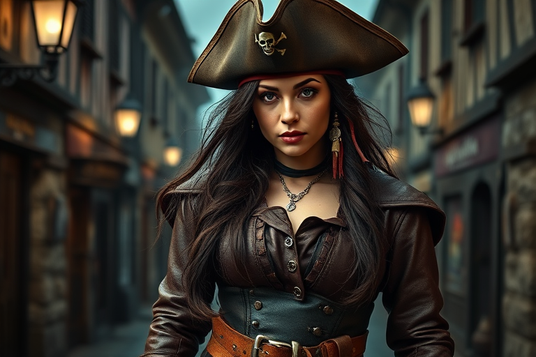 Create a portrait of a fierce female pirate. She wears a leather tricorn hat adorned with a skull and crossbones emblem, and her long, dark hair flows around her face. Her outfit consists of a richly detailed leather jacket, a corset, and multiple layers of belts and accessories, giving her a formidable and stylish appearance. She stands confidently in a dimly lit, historic port town, with a backdrop of weathered buildings and cobblestone streets, capturing the adventurous spirit of a pirate.
