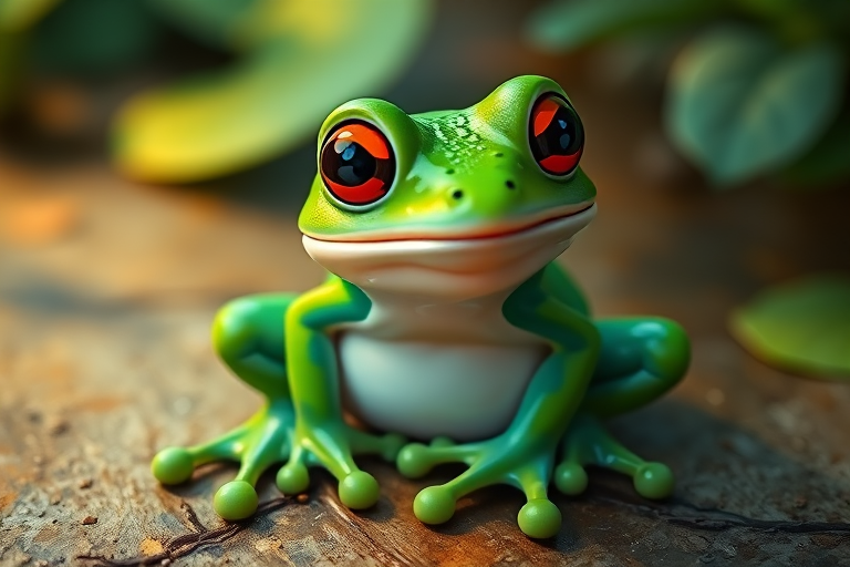 Create a high-resolution image of a cartoon-style frog sitting, using a DSLR camera with a 50mm lens, aperture f/2.8 for a shallow depth of field, daylight settings, and a slightly overhead view to enhance the vibrancy and detail of the frog's features.