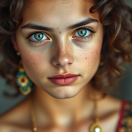 portrait of a young woman with curly hair, freckles, and vibrant green eyes adorned with traditional jewelry, soft lighting, 85mm lens, f/1.8 aperture, ISO 100, shallow depth of field, shot with a DSLR camera in natural light.