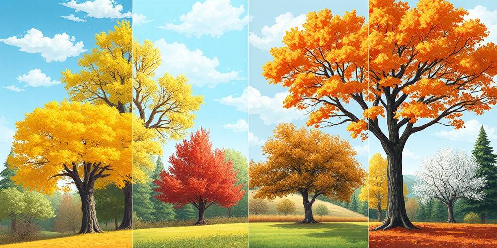 Create a vibrant illustration of four seasonal trees depicting spring, summer, autumn, and winter, using bright colors and fine details; camera settings: F/8 aperture, ISO 100, 1/125 sec shutter speed; camera view: wide angle; camera style: digital illustration; camera type: high-resolution DSLR.