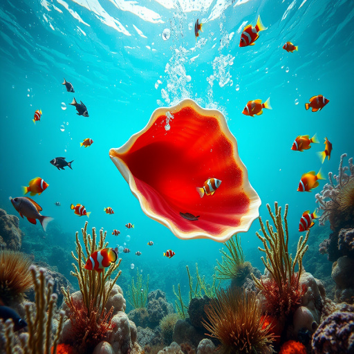 create an underwater scene featuring a large open seashell with a red interior, surrounded by colorful fish such as clownfish and angelfish, marine plants, and bubbles, shot using a DSLR camera at f/8 aperture, 50mm lens, ISO 200, with a wide-angle view and vibrant colors to enhance image quality