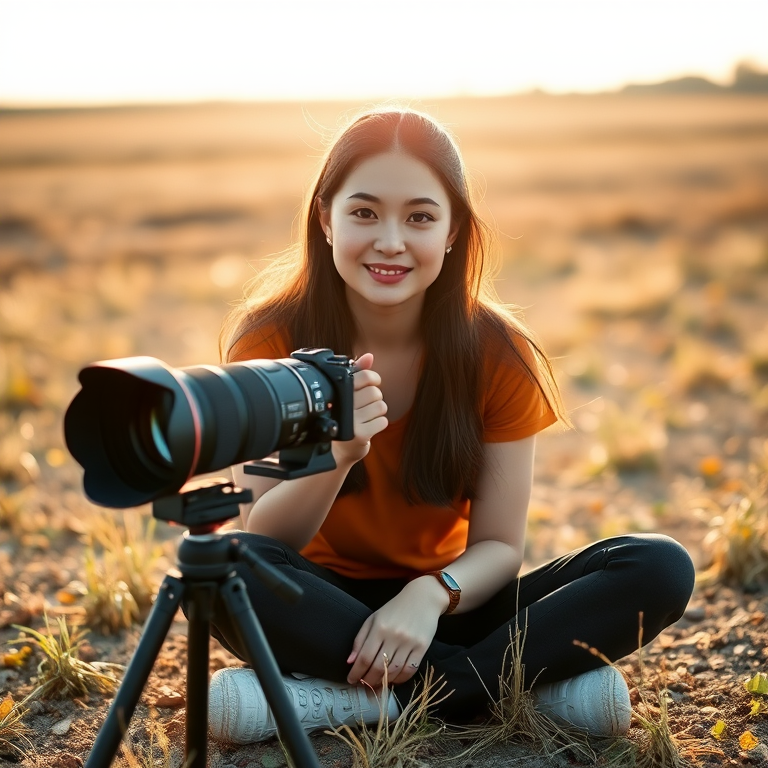A young woman sitting on the ground in a field with a large camera lens mounted on a tripod, soft sunlight illuminating her face, aperture f/2.8, shutter speed 1/250, ISO 200, portrait mode with shallow depth of field, shot with a DSLR camera.