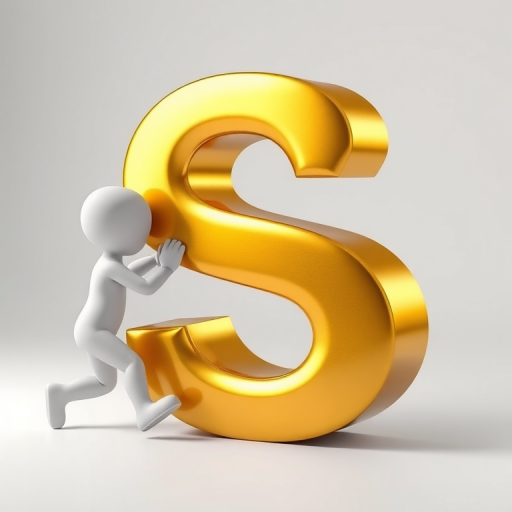 Create an image of a 3D gold letter S being pushed by a small white humanoid figure, use a DSLR camera with a 50mm lens, aperture f/1.8, ISO 100, in a well-lit studio environment, with a focus on the shiny texture of the letter S.