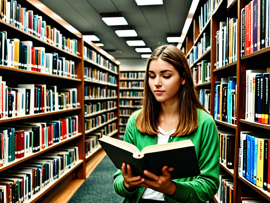 Reading In The Library A STUDENT READING IN A LIBRARY.