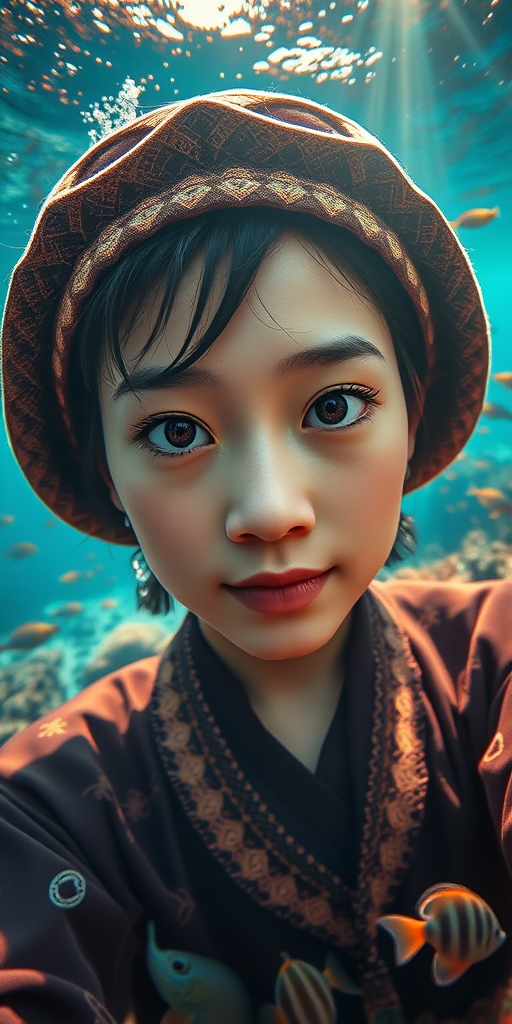 Realistic selfie image of a Ainu, wearing a vintage outfit, detailed dreamy eyes, droopy hooded eyes, staring at the camera, taken underwater at coral reef with a sunbeam filtering through the water, vibrant, summer vacation, natural lighting, turtle and school of tropical fish with vibrant colors, rendered in the style of CryEngine, Pegi Nicol MacLeod, with realistic genre scenes, hauntingly beautiful narratives, ultra-realism, and Thomas Saliot's close-up technique, 8K resolution, crystal clear and sparkling water.