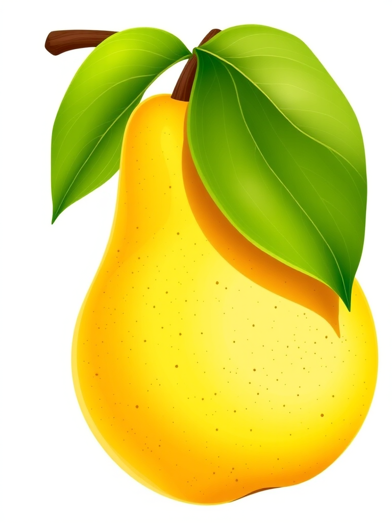 A bright, realistic illustration of a ripe yellow pear with a green leaf, shot from a slight overhead angle, using a DSLR camera with a 50mm lens, aperture f/2.8, ISO 100, and natural light for enhanced color vibrancy and detail.