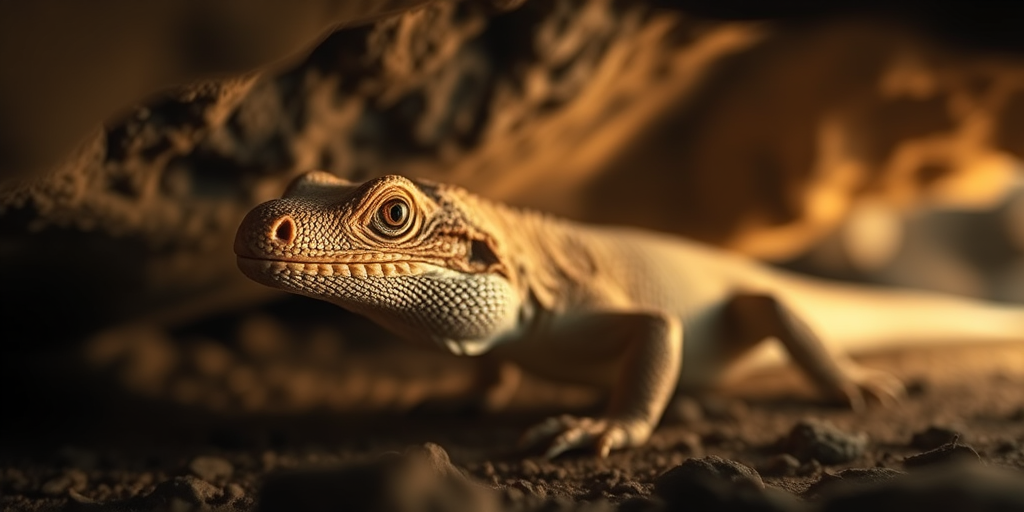 Komodo dragon in a cave, soft golden lighting, shallow depth of field, 50mm lens, f/1.8 aperture, ISO 200, 1/250 sec, DSLR camera, macro view, natural environment.