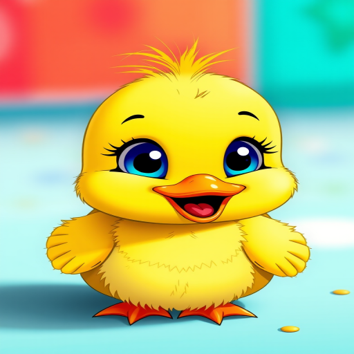 Create a vibrant cartoon-style illustration of a happy yellow duckling with big blue eyes, featuring a soft, rounded body and fluffy feathers, shot with a Canon EOS 5D Mark IV, 50mm lens, f/2.8 aperture, 1/200s shutter speed, in a bright, colorful environment.