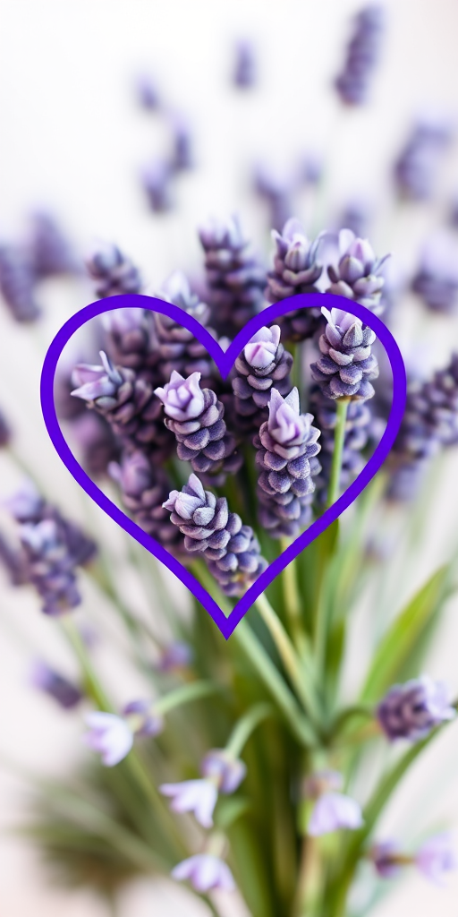 Create an illustration of a heart shape outlined in purple, incorporating a bouquet of lavender flowers with vibrant green stems, captured with a DSLR camera at f/2.8 aperture, 50mm lens, natural lighting, and a soft focus effect for a dreamy quality.