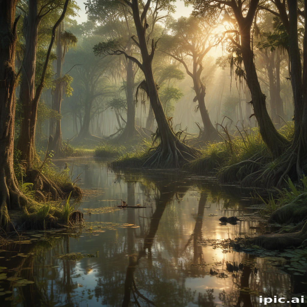 Serene Early Morning Light Filtering Through Lush Forest and Tranquil ...