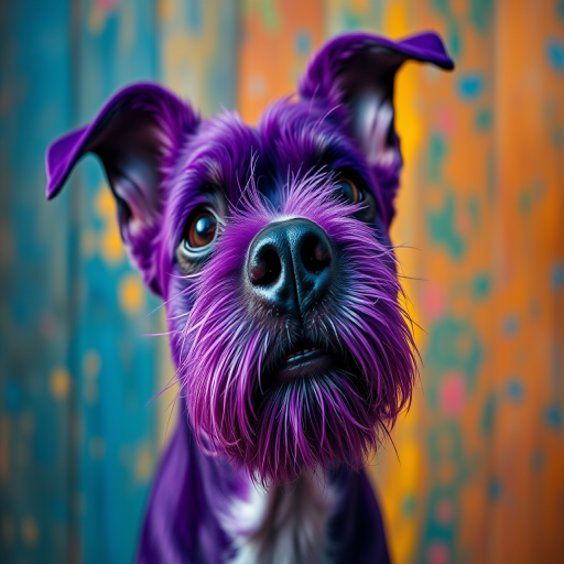 Create a vibrant, abstract portrait of a purple dog with exaggerated features and a colorful background, using a Canon EOS R5 with a 50mm f/1.2 lens, aperture set to f/4, ISO 200, shot in natural light at eye level to enhance detail and contrast.