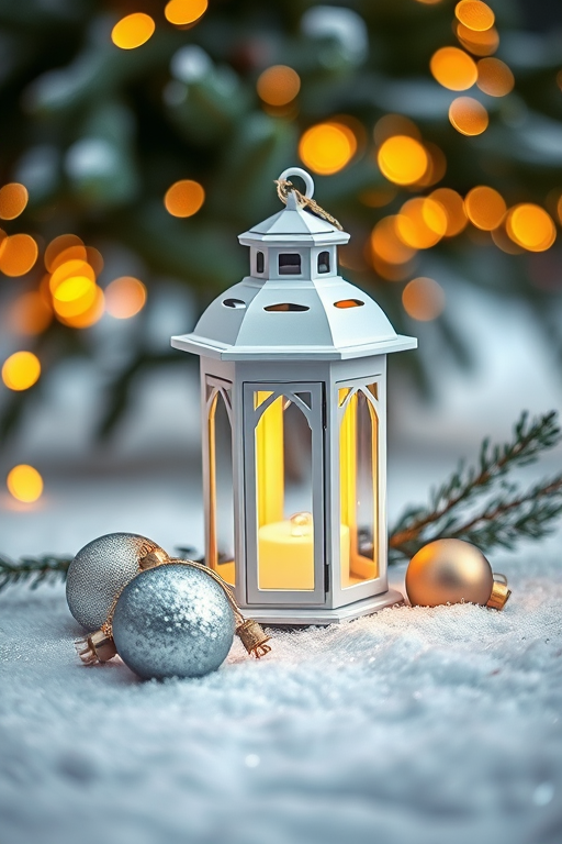 Create a cozy winter scene featuring a white lantern glowing softly in the snow. Surround the lantern with festive ornaments, including a silver ball and a gold one, on a shimmering snowy surface. Add a hint of evergreen branches in the background, with a blurred bokeh effect of warm lights to enhance the holiday atmosphere.