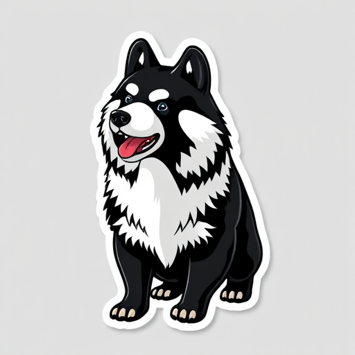design sticker, 3D black and white karelian bear dog, grey background