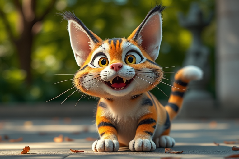 Generate a high-resolution image of a stylized animal character resembling a playful cat with exaggerated features, using a DSLR camera with a 50mm lens, aperture set to f/1.8 for a shallow depth of field, ISO 200, and natural lighting to enhance colors and details, shot from a low angle for a dynamic view.