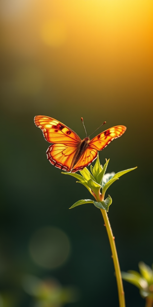 Create an image of a vibrant orange butterfly perched delicately on a green plant. The background should be softly blurred, emphasizing the butterfly and the leaves. The lighting should be warm and natural, highlighting the intricate patterns on the butterfly's wings.
