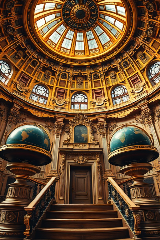 Create a highly detailed image of an ornate gilded observatory with celestial globes, using a DSLR camera at f/1.8, ISO 100, with a wide-angle lens, low angle view and soft diffused lighting to enhance the intricate designs and textures.