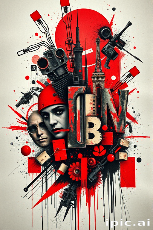 Trash polka tattoo titled "Urban Dystopia" combining bold red and black elements with photorealistic imagery abstract shapes and typographic elements creating a chaotic yet visually striking composition