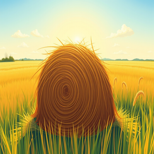 Create a vibrant illustration of a haystack in a sunny field, using a wide-angle lens, aperture f/8 for depth of field, 1/200s shutter speed, and a DSLR camera for high resolution and clarity.