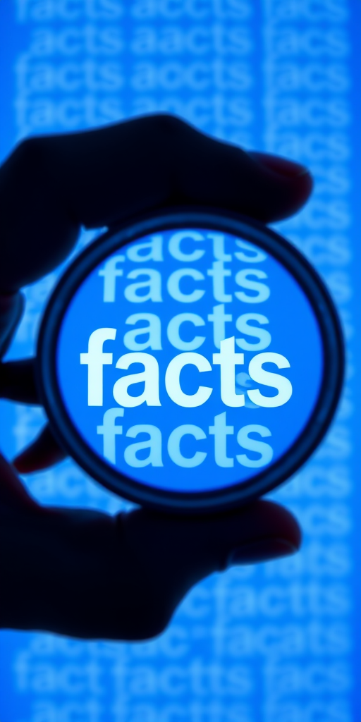 Create an image of a hand holding a magnifying glass over the word "facts" repeated in a blue gradient background, with 50mm lens, f/2.8 aperture, ISO 100, captured in a close-up perspective using a DSLR camera for enhanced detail.
