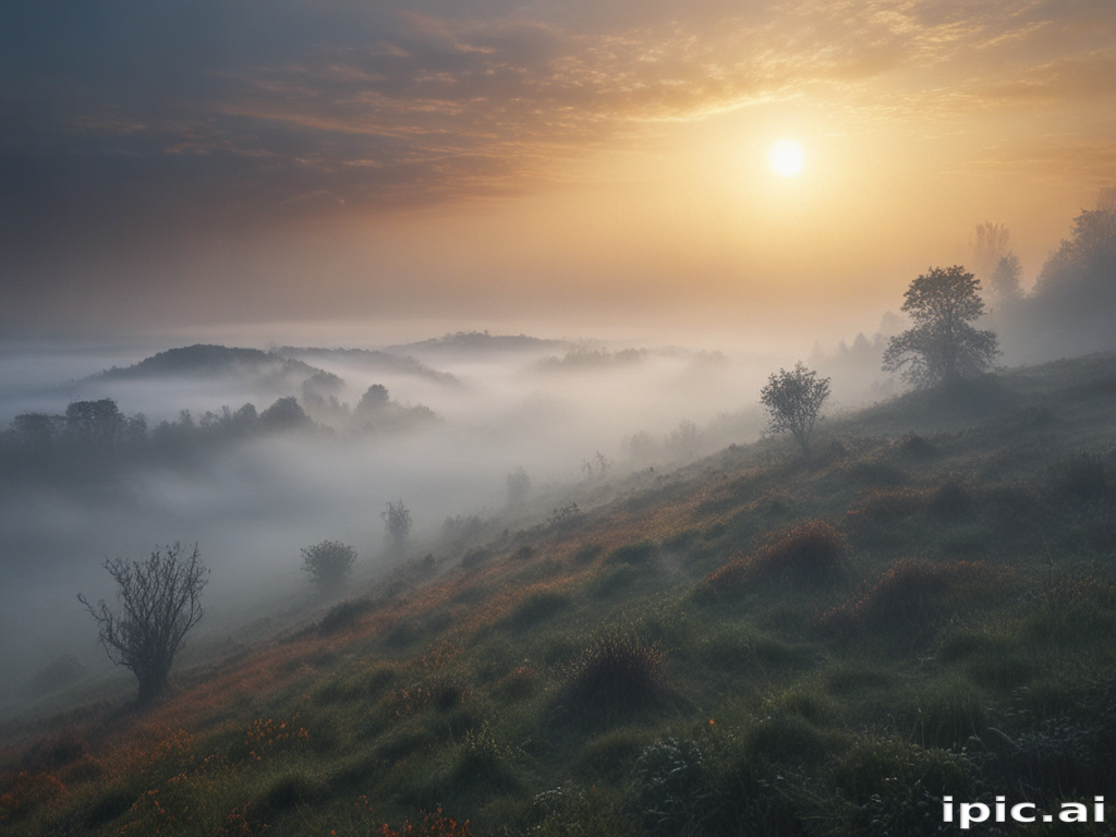 Serene Morning Landscape with Misty Hills and Soft Sunrise Glow