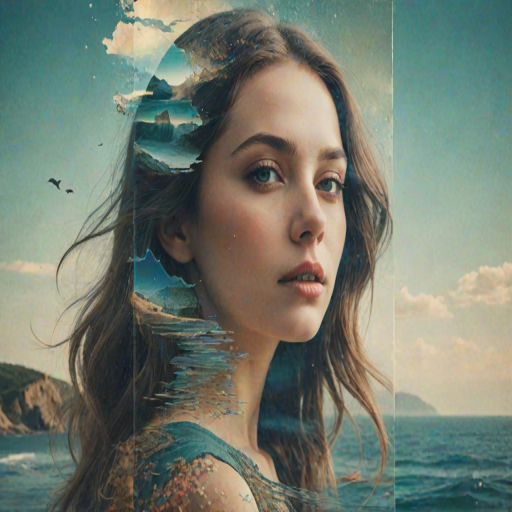 imagine Book cover, A surreal double exposure portrait that blends a woman's face with a beautiful seascape. The overall mood is dreamy and mystical, with rich colors and intricate details