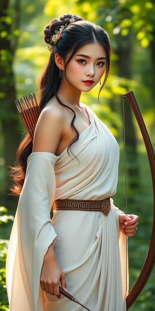Create a portrait of a goddess-like Chinese girl figure in a tranquil, forested environment. She has an elegant appearance with long, wavy hair styled in an updo and adorned with a delicate, floral headband. She wears a flowing, ancient Greek-inspired gown in a soft, pale color, featuring a one-shoulder design and draped fabric that accentuates her graceful form. The outfit includes a decorative belt with ornate gold detailing, and she holds a bow in her hand, with a quiver of arrows slung over her shoulder. The background depicts lush greenery, with sunlight filtering through the trees, casting a gentle, ethereal light on the scene. Her expression is calm and contemplative, embodying a sense of wisdom and serenity.