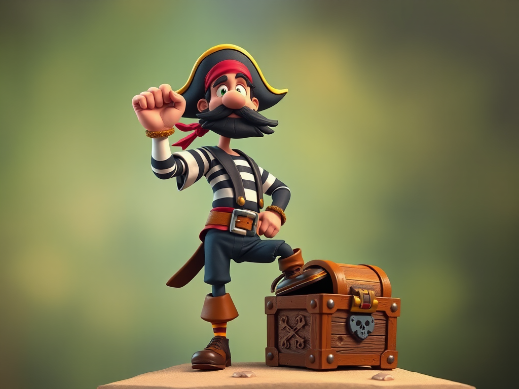 Create a colorful cartoon-style image of a pirate character with a hook hand, wearing a striped shirt and bandana, standing confidently with one leg on a treasure chest, shot with a Canon EOS R5, 85mm f/1.4 lens, at f/2.8, with vibrant colors and a soft focus background.