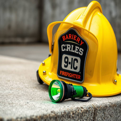 Capture a high-resolution image of a yellow firefighter helmet and a green flashlight resting on a concrete surface, using a Canon EOS 5D Mark IV camera, 50mm lens, aperture f/2.8, ISO 100, with natural lighting for clarity and sharp focus.