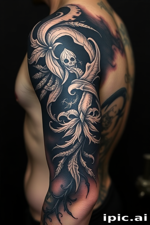 Blackout tattoo named "Void Embrace" featuring large areas of solid black ink with intricate white ink designs etched on top, creating a striking contrast and unique reversal of traditional tattoo aesthetics