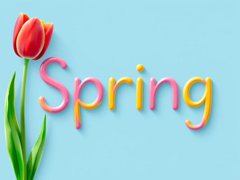 Create an illustration of the word "Spring" featuring a colorful tulip as the letter "i", use a soft focus lens with a shutter speed of 1/125s, aperture set to f/4, and a DSLR camera for high-quality imagery.