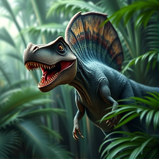 Create a highly detailed digital painting of a Spinosaurus in a lush prehistoric jungle, capturing its fierce expression and distinctive sail, with a soft focus background to emphasize depth, using a DSLR camera with a 50mm lens, aperture set to f/2.8, ISO 100, and a low angle view for dramatic effect.