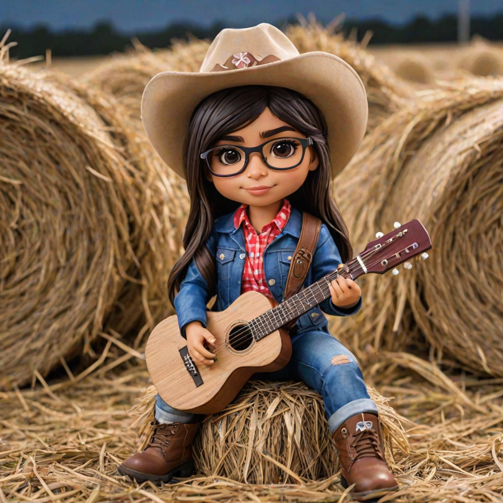 A chibi mia khalifa, dressed as a cowboy, playing guitar, sitting on a hay bale