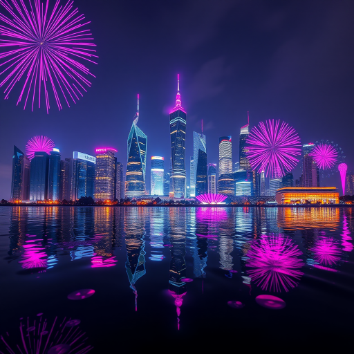 Create a vibrant digital artwork of a futuristic city skyline at night, featuring sparkling reflections on water with pink and purple firework effects in the background, captured with a high-resolution DSLR camera at f/2.8, ISO 200, shutter speed 1/60s, in a wide-angle view using a long exposure style.