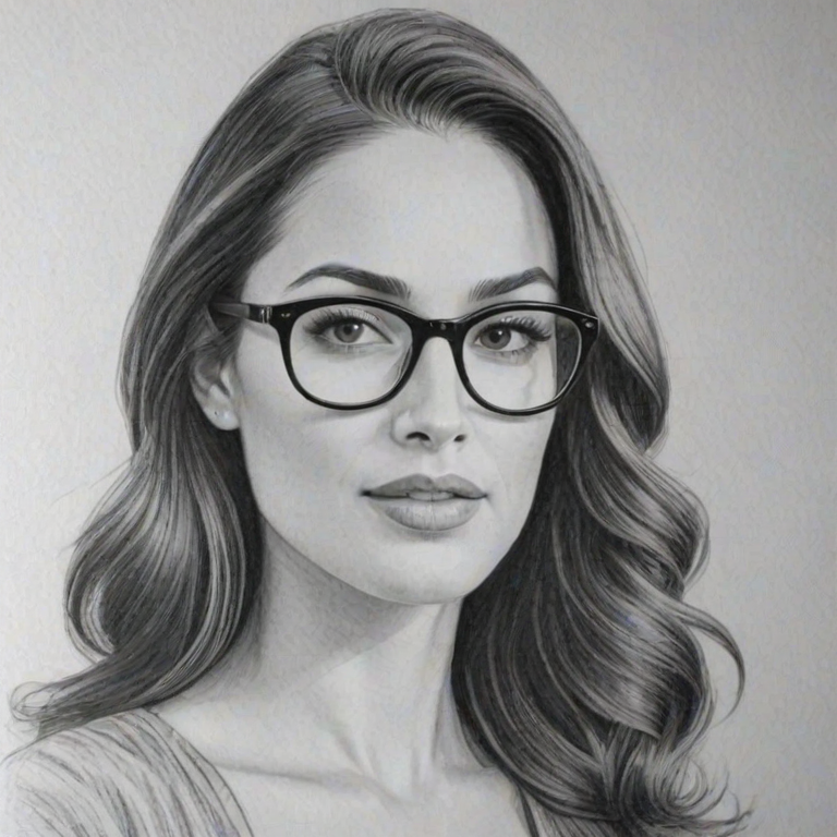 Graceful Brie Bella, pencil sketch, portrait of Radiant woman 1948s in glasses, hair style beatnik, outline, clear lines, fine lines, 8k