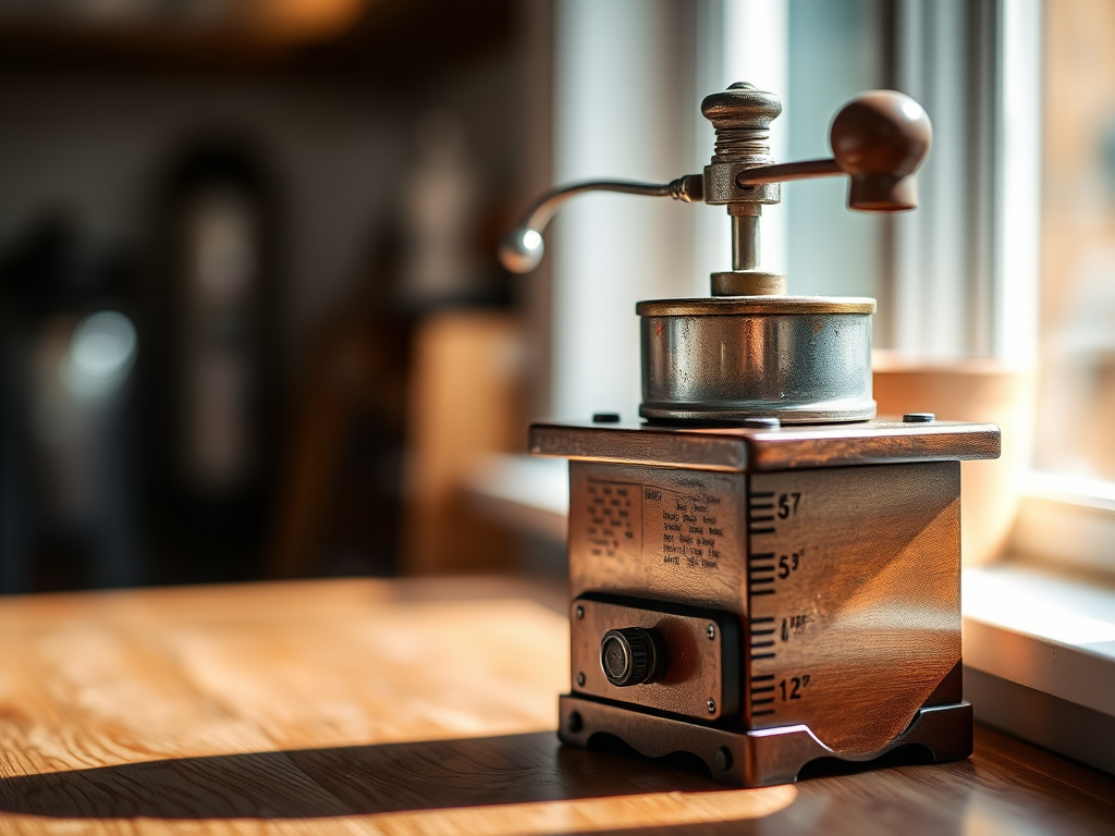 close-up shot of a vintage coffee grinder on a wooden surface, natural lighting, aperture f/2.8, shutter speed 1/200s, ISO 100, 50mm lens, blurred background to enhance focus on the grinder