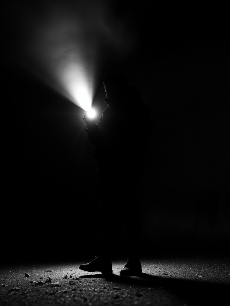 Generate a high-contrast black and white image of a silhouette of a person holding a flashlight, with a soft beam of light cutting through a dark, foggy environment, using a DSLR camera with a 50mm lens, f/1.8 aperture, ISO 800, shutter speed 1/125s, and a low-angle view for dramatic effect.