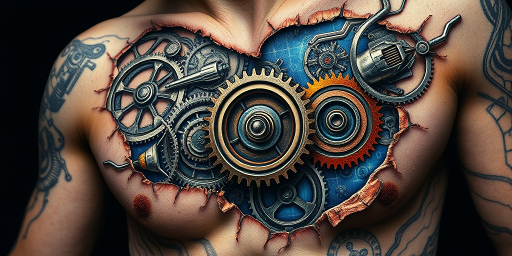 Surrealist biomechanical tattoo blending organic shapes with mechanical elements, featuring exposed gears and circuits beneath torn skin, rendered in shades of metallic silver, copper, and electric blue
