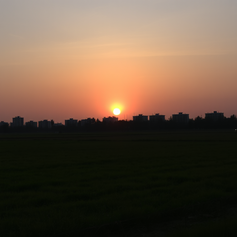 Landscape of a sunset over a field with urban buildings in the background, captured with a DSLR camera at f/8, ISO 200, 1/100 sec, with a wide-angle lens and a low angle view for enhanced depth.