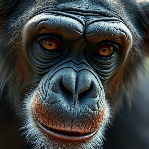 A highly detailed close-up portrait of a realistic chimpanzee, with intricate textures on the skin and fur, showcasing expressive eyes, in soft natural lighting, captured with a DSLR camera, using an aperture of f/2.8, ISO 100, and a 50mm lens for enhanced depth of field and sharpness.