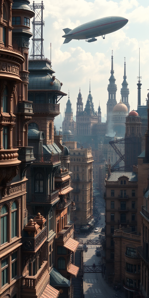 A detailed steampunk cityscape with intricate buildings and a large airship in the sky, shot at f/8 aperture, ISO 100, 24mm lens, with a shallow depth of field, wide-angle view, using a high-resolution DSLR camera for enhanced image quality.