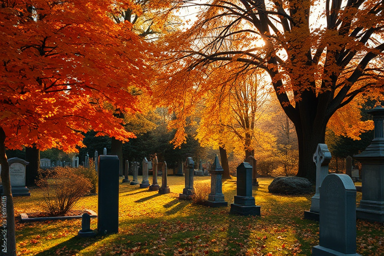 autumn cemetery scene with vibrant orange and yellow leaves, soft sunlight filtering through trees, depth of field, 50mm lens, f/1.8 aperture, ISO 100, shot on a DSLR camera at golden hour