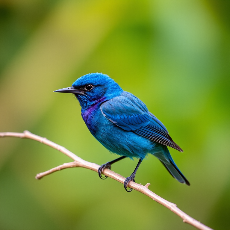 Regenerate the image of a vibrant blue bird perched on a dry branch with a blurred green background, camera settings: f/4, ISO 200, 1/200s, camera view: close-up, camera style: portrait, camera type: DSLR.