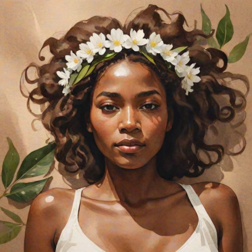 create a watercolor painting of an ethereal portrait of beautiful Garifuna woman with a simple white flower crown on her head. Her hair is long and she is lying on the ground. The sunlight on the trees casts shadows from the leaves on her face and body. The background is a neutral brown color that matches her skin tone. The image is minimalist and solid colors. This style is characterized by soft, delicate brushstrokes and a light, airy, contrasting color palette. High level of detail and play of light