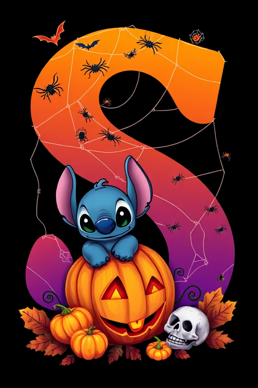 A whimsical and vibrant Halloween-themed digital illustration featuring the letter "S" adorned with spider webs, small bats, and cute spiders. At the base of the letter, a playful alien character similar to Stitch is peeking out from inside a carved pumpkin with glowing eyes, surrounded by additional pumpkins, a small skull, and autumn leaves. The letter is gradient-colored from orange to purple, adding a magical atmosphere to the scene, black background