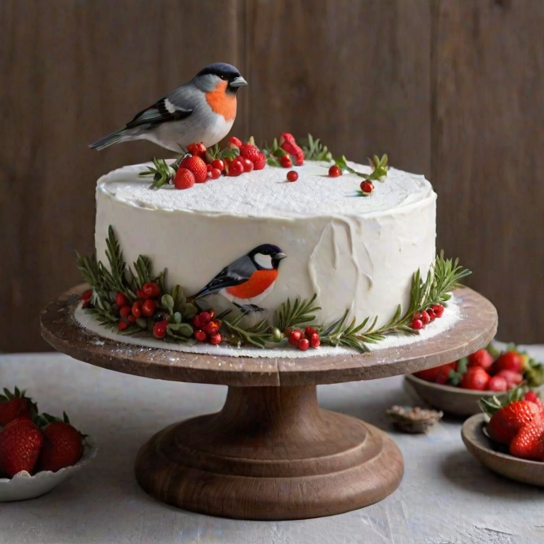 Create a beautifully decorated cake featuring a smooth white frosting. The cake should have artistic bird illustrations on the sides, resembling bullfinches, perched on branches with red berries. Top the cake with a generous arrangement of fresh strawberries and a sprinkle of powdered sugar. Place the cake on a rustic wooden stand, with a soft, neutral backdrop to emphasize its elegance.