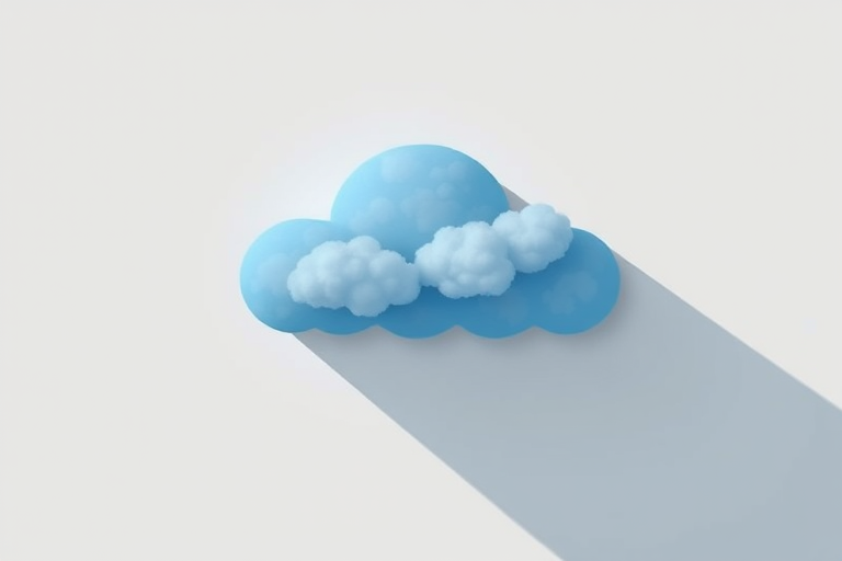 Create a minimalist illustration of a blue cloud on a light gray background with a long shadow, using a 50mm lens, aperture f/2.8, ISO 100, daylight balanced lighting, digital art style, and high resolution for clarity.